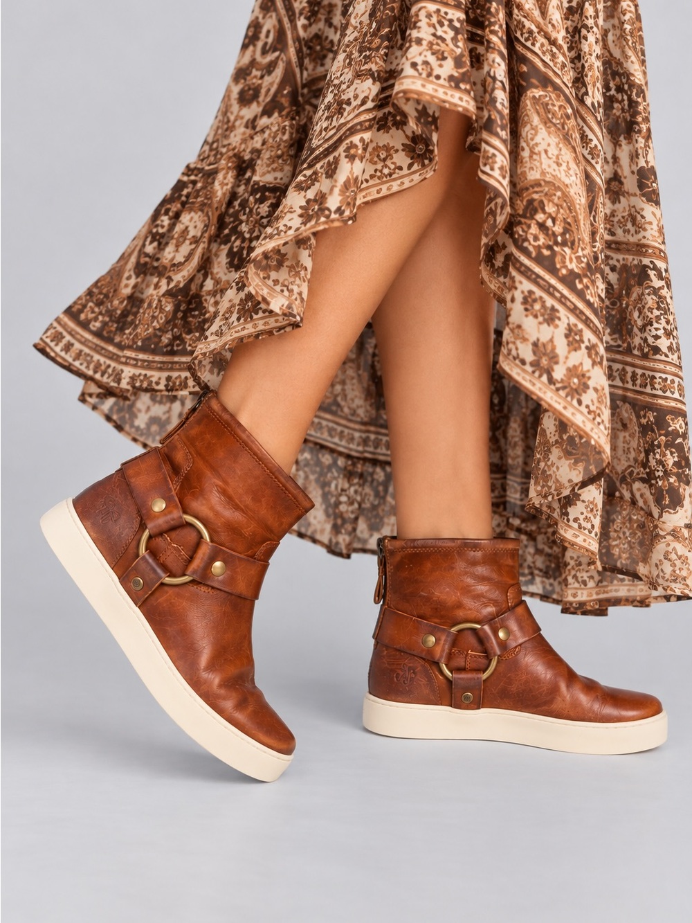 Ladies Frye Cognac Brown Leather Ankle Boots with Buckle Ring